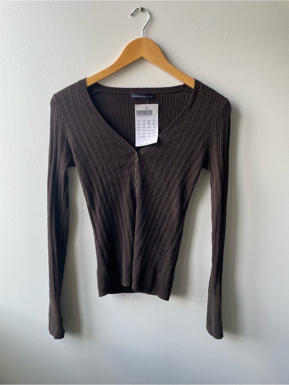 NWT | Brandy Melville Brown Ribbed Button-Up Long Sleeve Top V-Neck Top Small